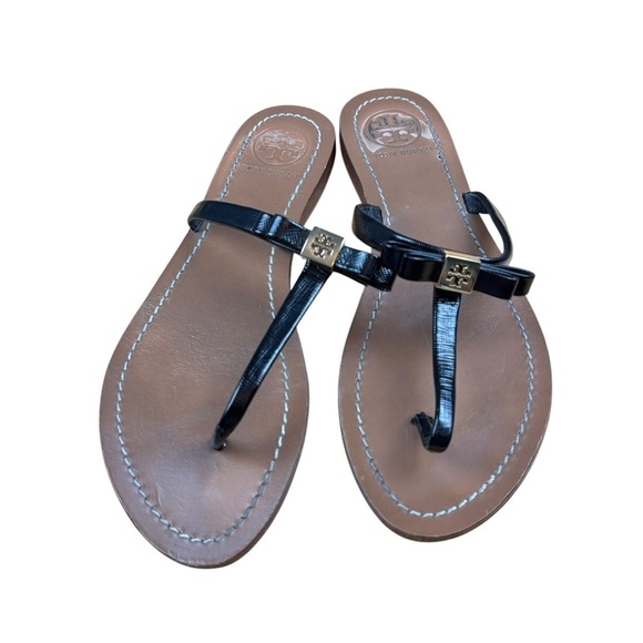 Tory Burch Black Bow Leighanne Thong Sandals Size Gold Logo Size 6 M - Picture 2 of 10